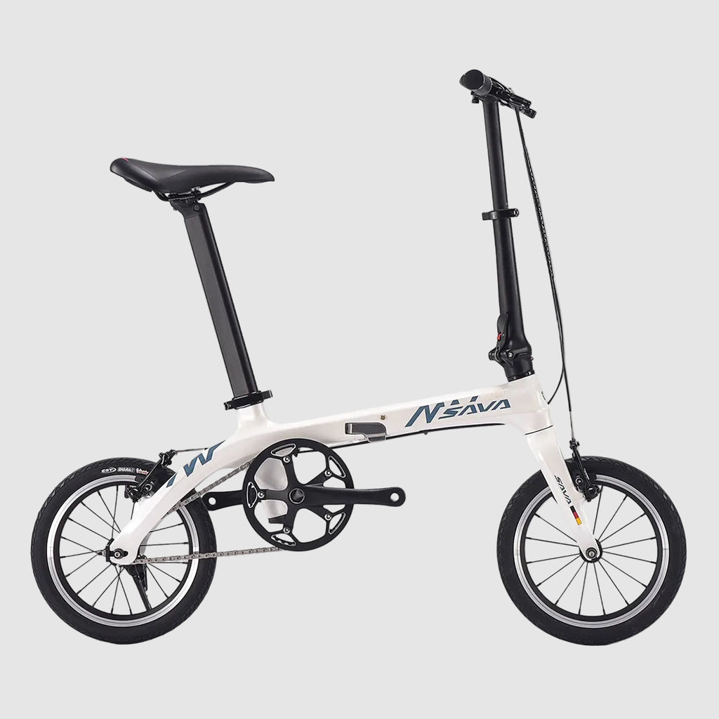 White folding bicycle with black components on a white background