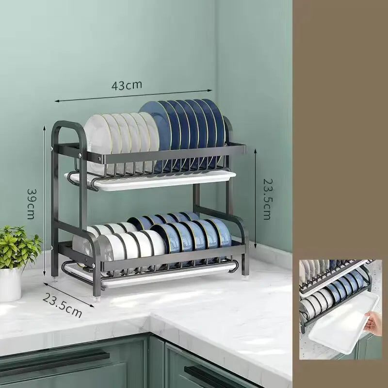 2-Tier Rust-Proof Dish Drying Rack with Utensil Holder - Maarufu