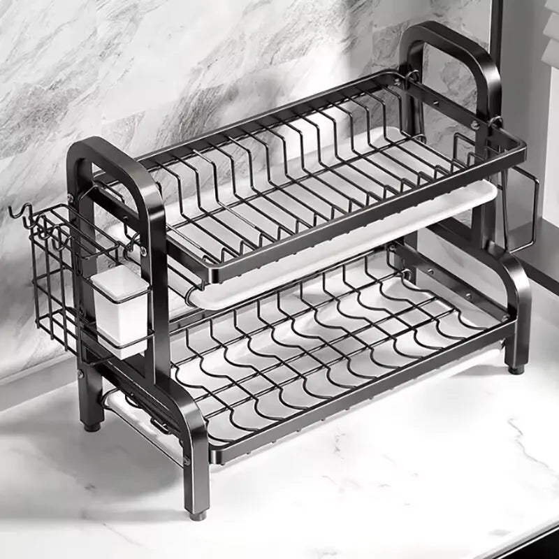 2-Tier Rust-Proof Dish Drying Rack with Utensil Holder - Maarufu