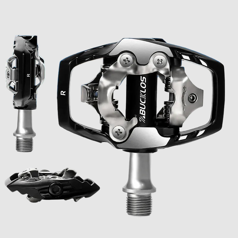 Bicycle pedal with 'Bucklos' branding on a light gray background