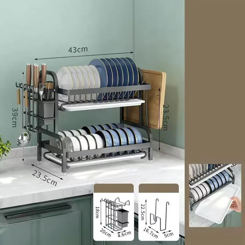 2-Tier Rust-Proof Dish Drying Rack with Utensil Holder - Maarufu