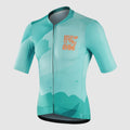 Teal cycling jersey with a logo on a white background