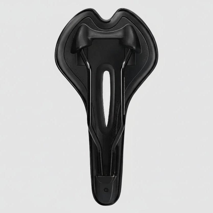 Black bicycle saddle on a light gray background