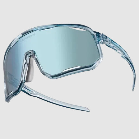 Sunglasses with a clear frame and blue-tinted lenses on a light gray background
