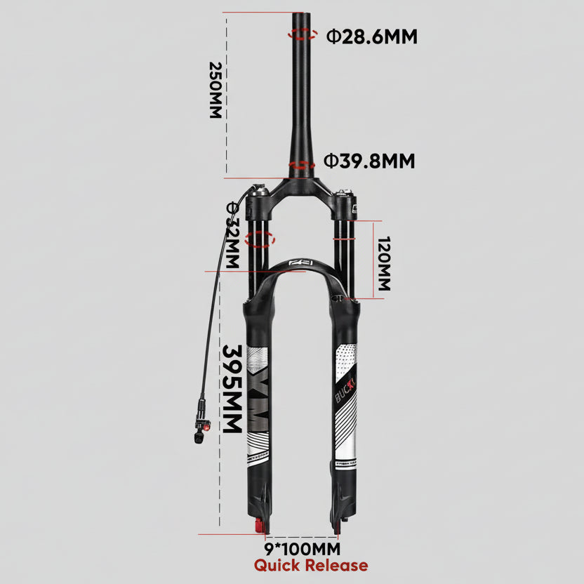 Bicycle fork with detailed measurements on a white background