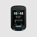 Black and blue digital device with a display showing time and distance, branded 'GEOID'.