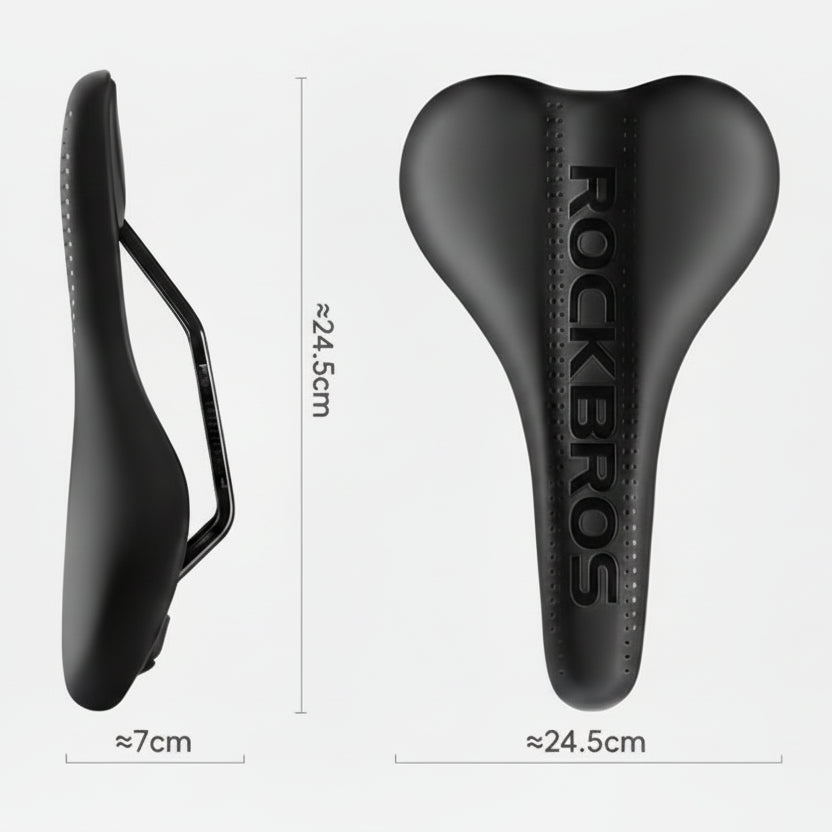 Product details of a black saddle with ROCKBROS branding, including dimensions and weight.