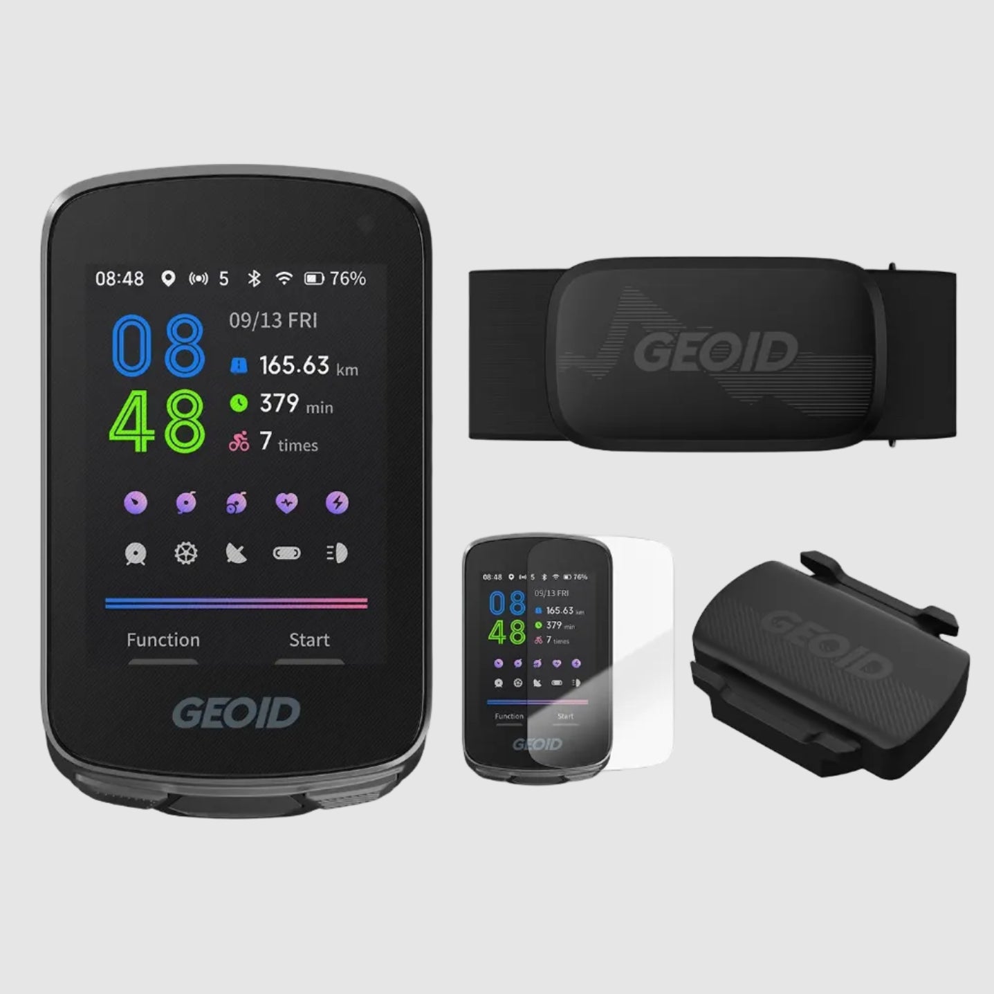 GEOID fitness tracking device set with CC700 computer, CS600 speed/cadence sensor, HS500 heart rate sensor, and film on a white background.