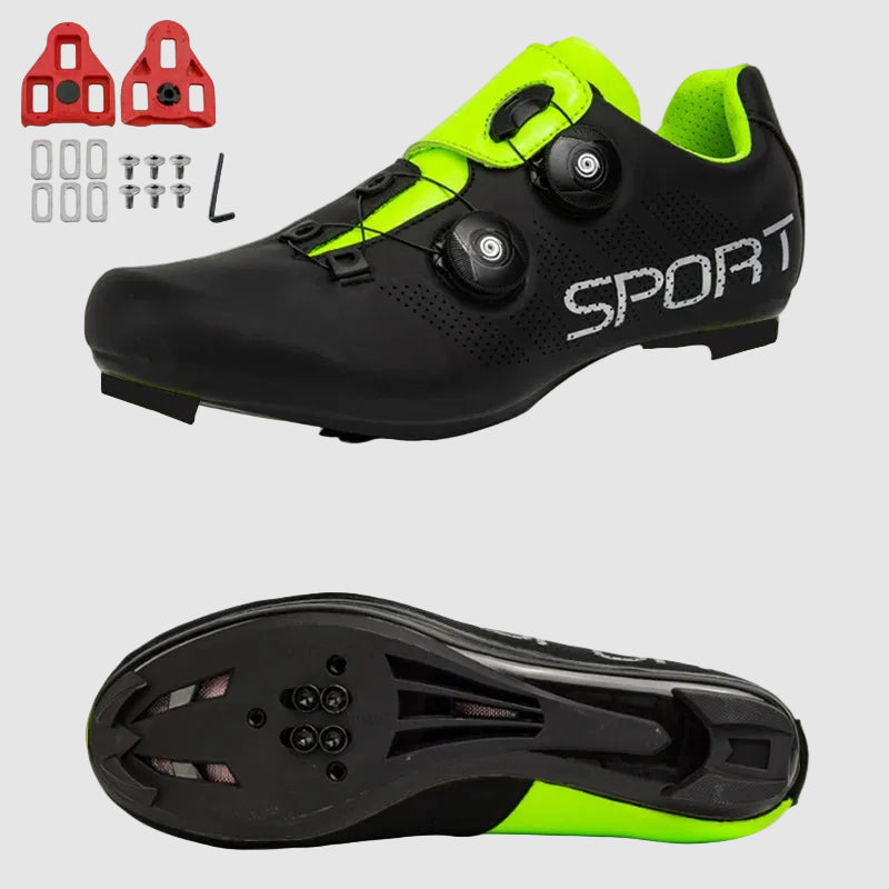 Black cycling shoe with green accents and 'SPORT' branding, shown from multiple angles on a white background.