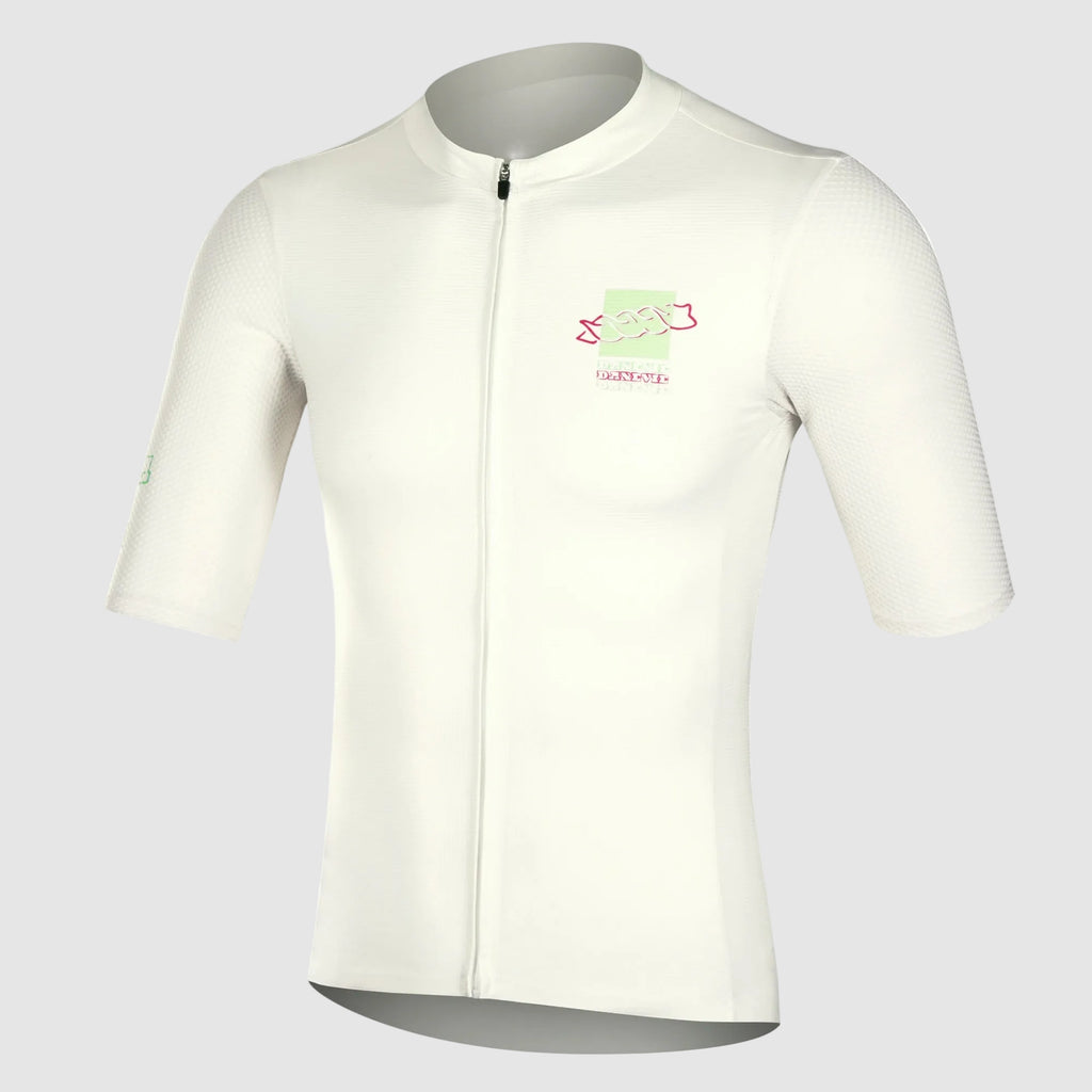 White cycling jersey with a logo on a white background