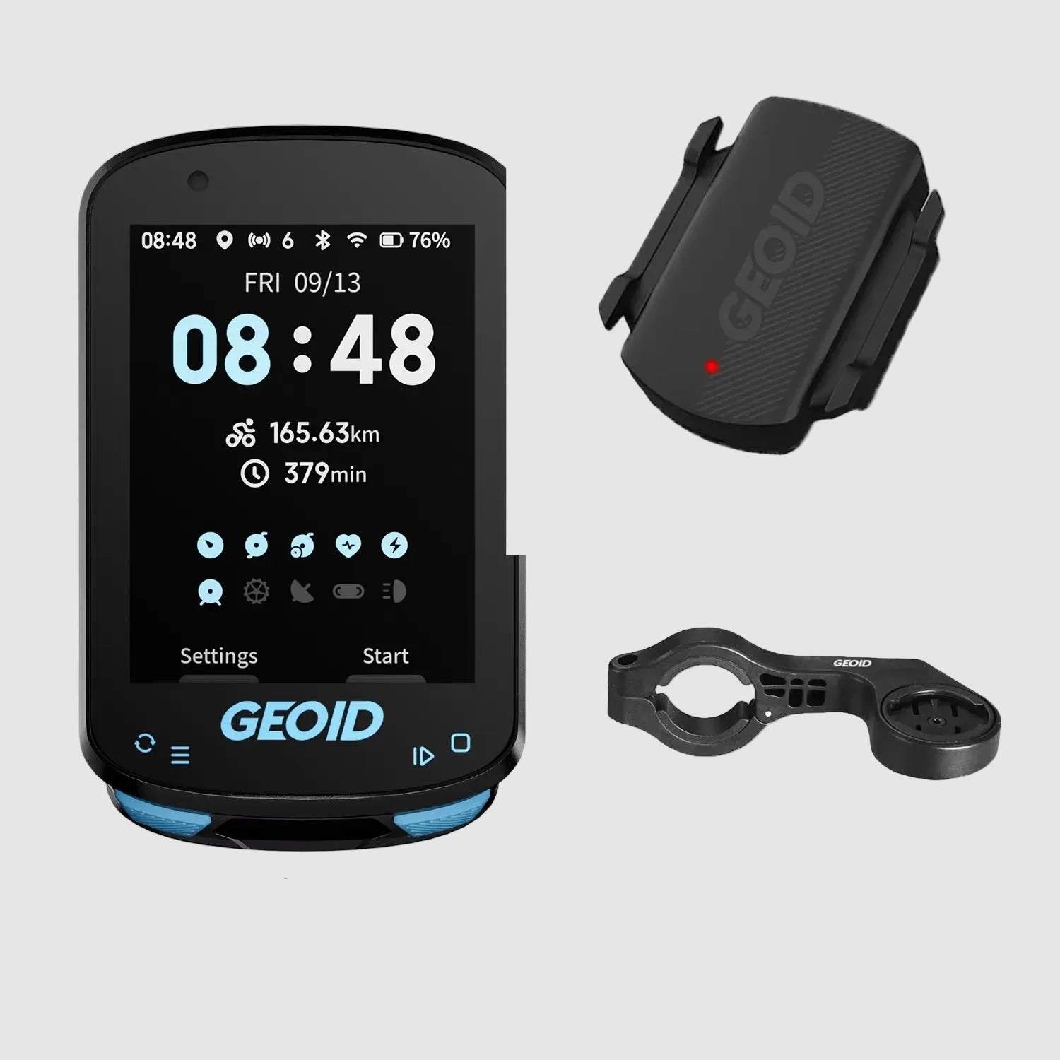 GEOID cycling computer with CS600 speed/cadence sensor and out-front mount on a white background