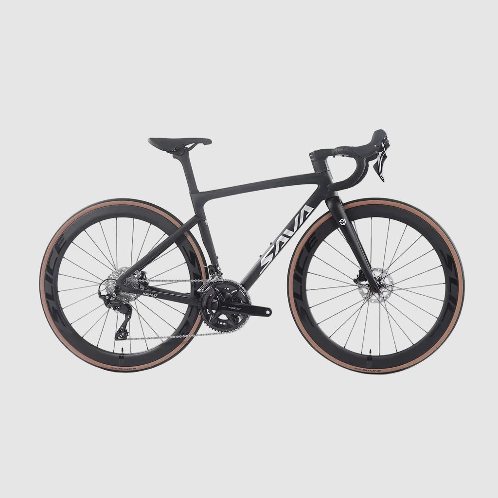 Black bicycle with brown tires on a white background