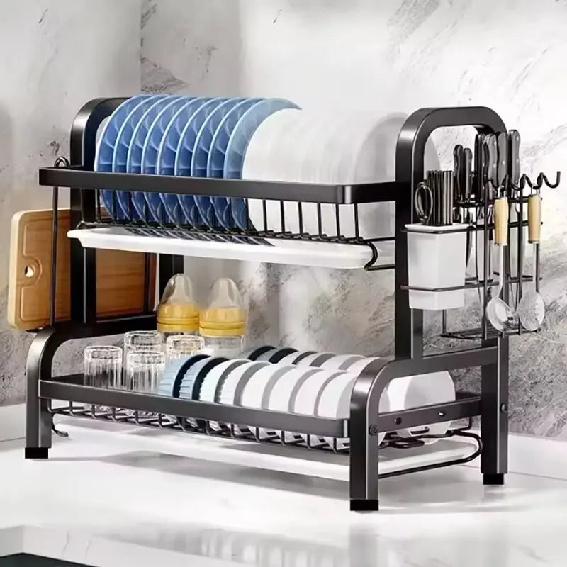 2-Tier Rust-Proof Dish Drying Rack with Utensil Holder - Maarufu