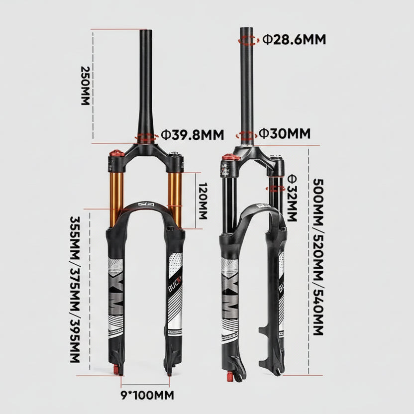 Bicycle forks with detailed measurements on a white background