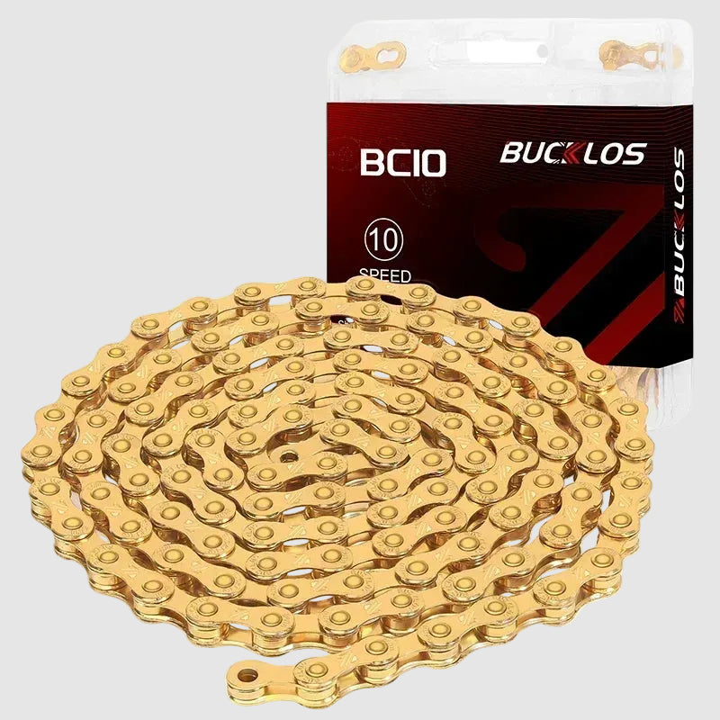 Gold bicycle chain with BUCKLOS packaging on a white background