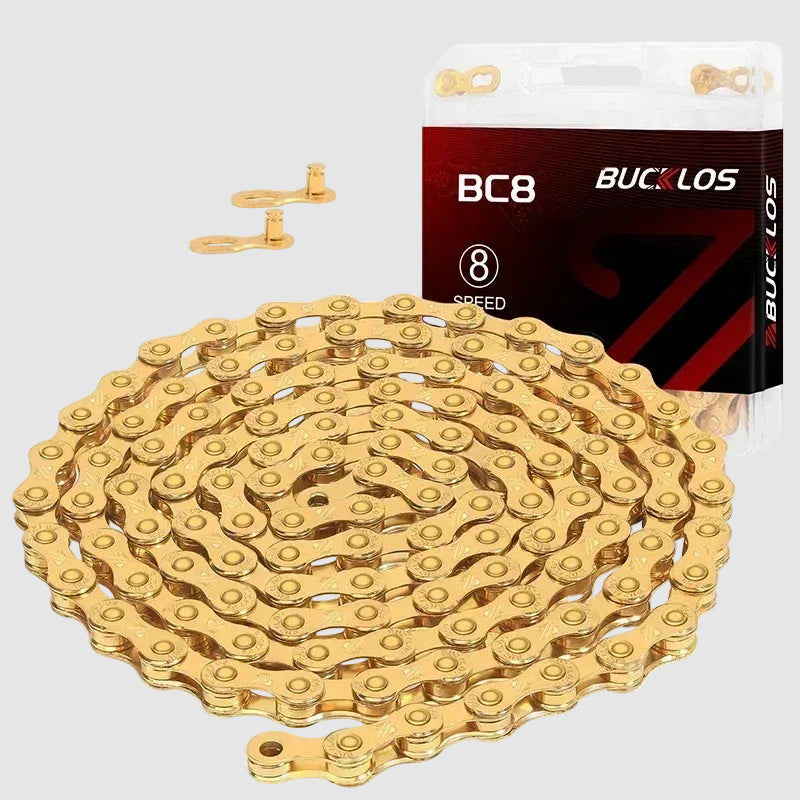 Gold bicycle chain with packaging displaying 'Bucklos' brand on a white background