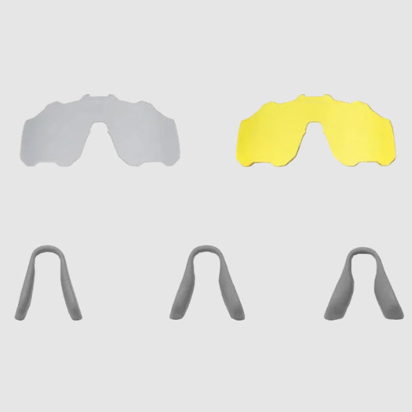 Two pairs of goggles with different lens colors on a gray background, featuring text about lens and nose pad features.