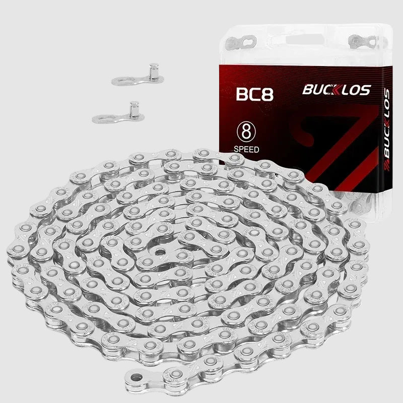 Bicycle chain with packaging and tools on a white background, featuring the Bucklos brand.