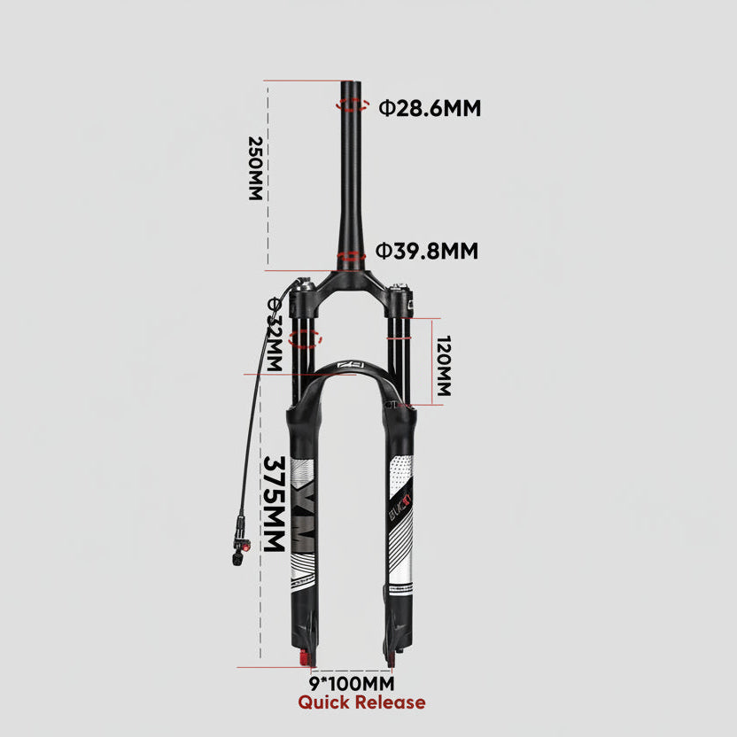 Bicycle fork with dimensions labeled on a gray background