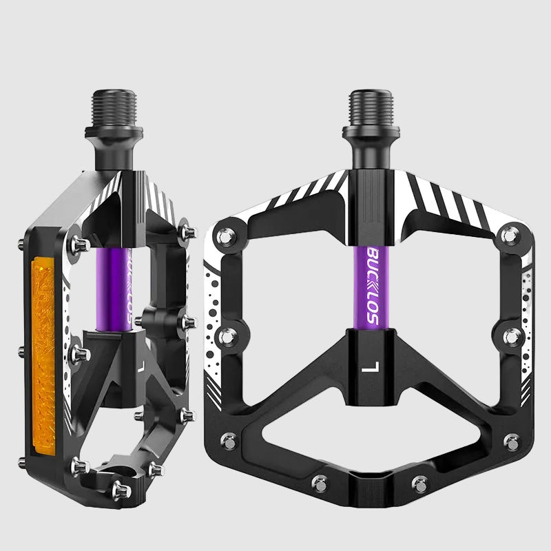 Pair of black and purple bicycle pedals with 'Bucklos' branding on a white background.