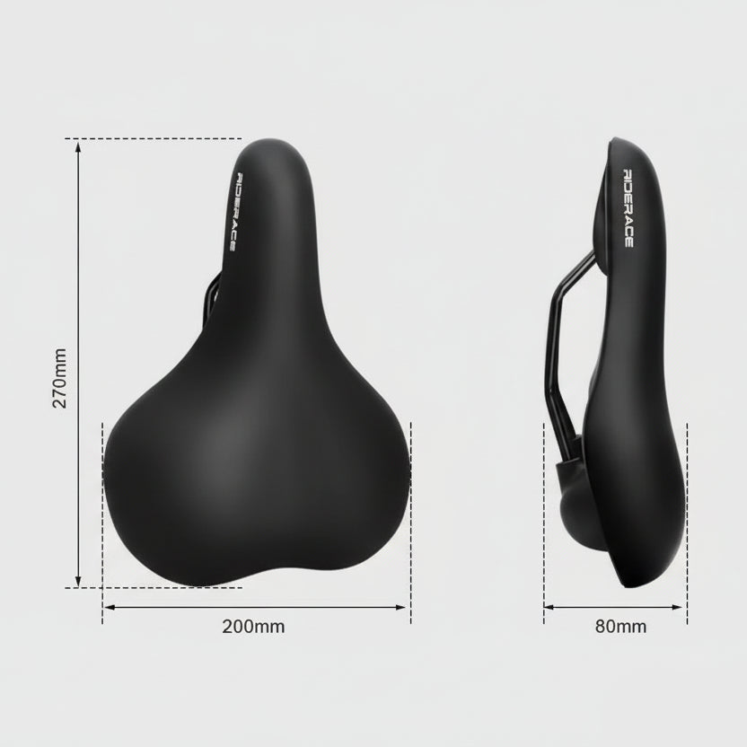 Black bicycle saddle with dimensions and weight information on a white background