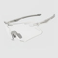 Clear photochromic lens eyeglasses on a white background with text about lens properties.