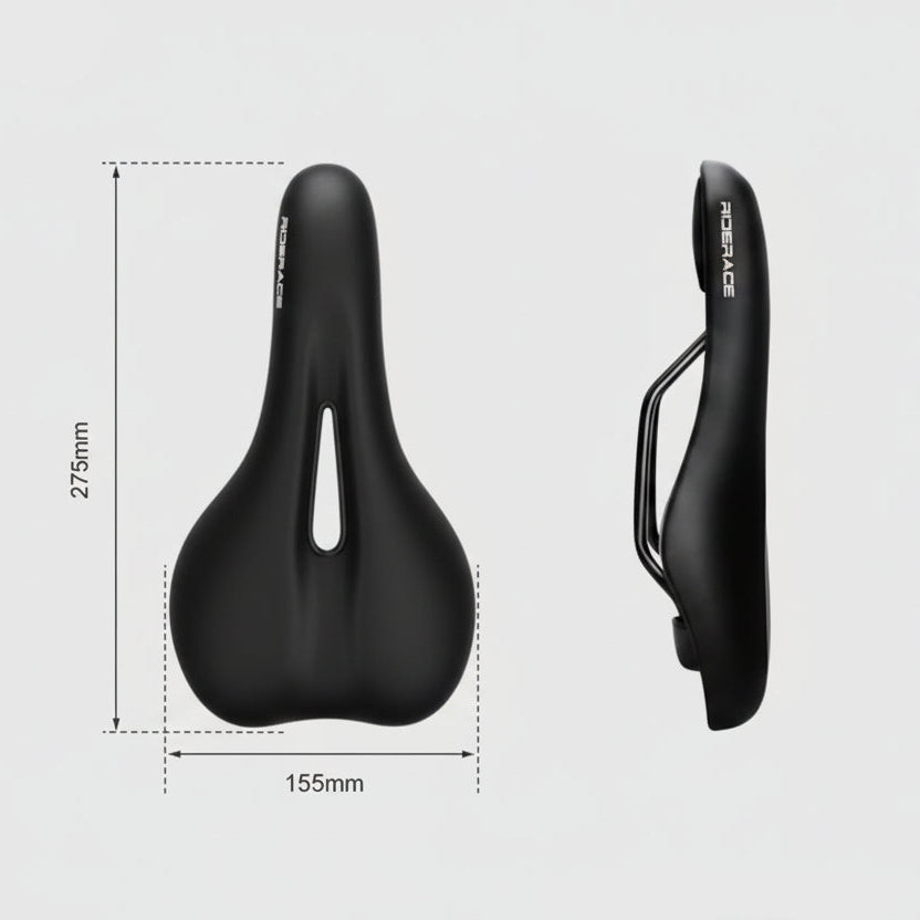 Black bicycle saddle with measurements on a light gray background