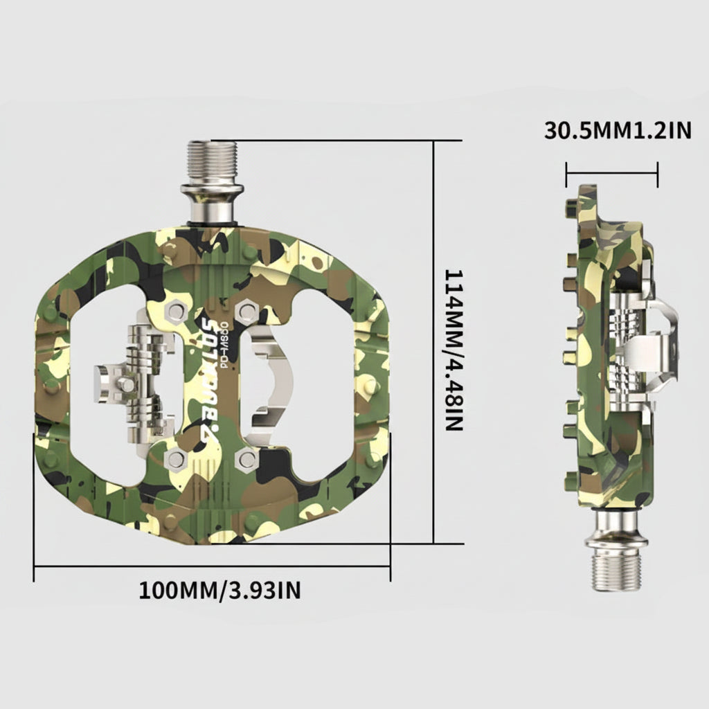 Camouflage-patterned bicycle pedal with measurements and weight information on a white background