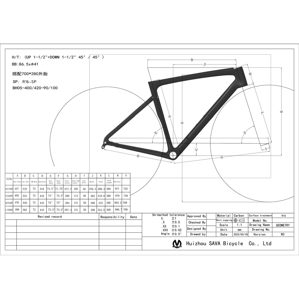 Technical drawing of a bicycle frame with dimensions and specifications.