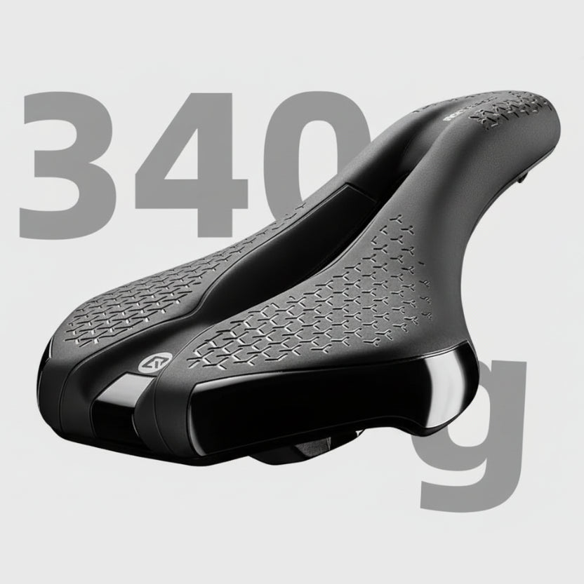 Close-up of a bicycle saddle with '340' branding on a black background
