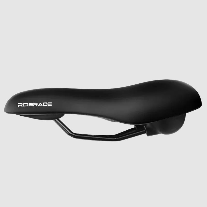 Black bicycle saddle with 'RIDERACE' branding on a white background