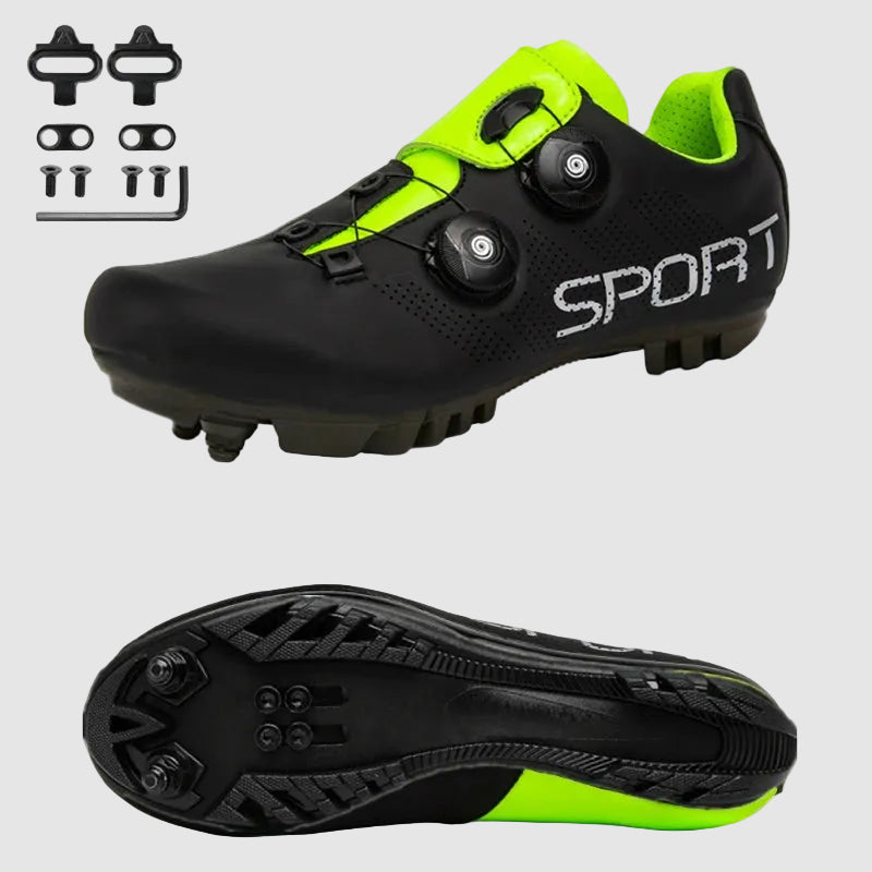 Black sports shoe with green accents and 'SPORT' branding on a white background