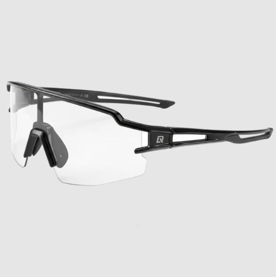 Black eyeglasses with additional accessories on a dark background
