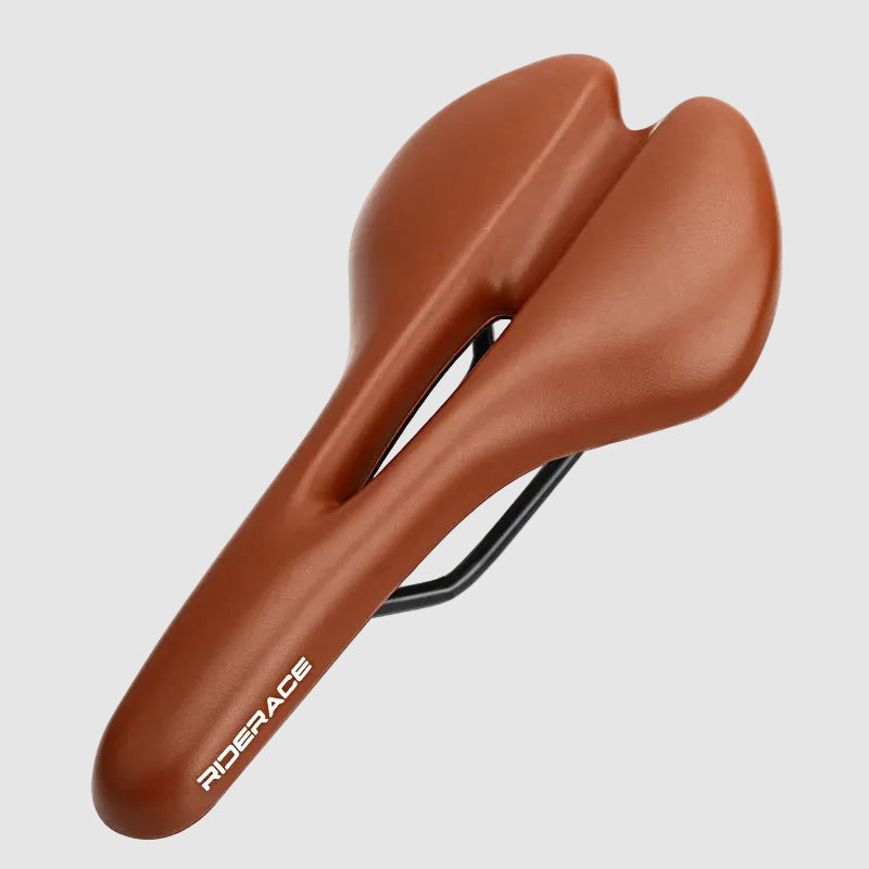 Brown bicycle saddle with 'RIDERACE' branding on a white background