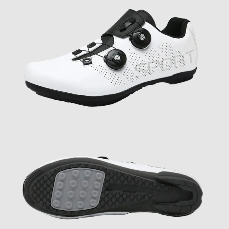 White cycling shoe with black accents on a white background