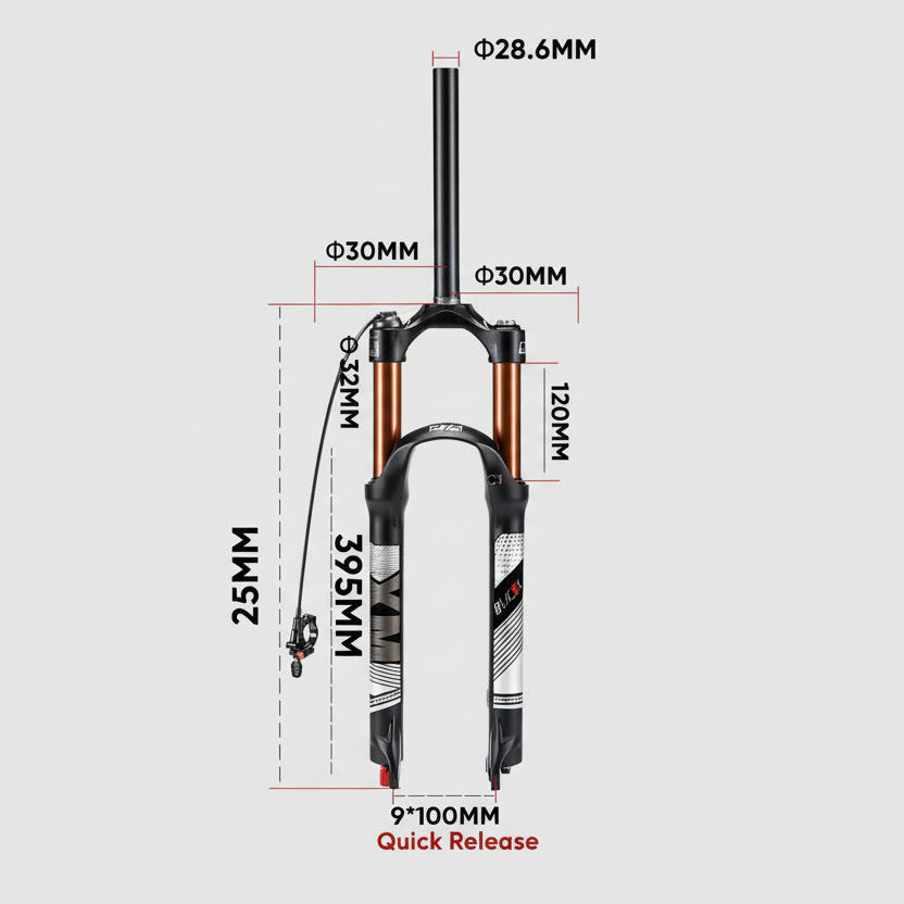 Bicycle fork with dimensions labeled on a white background
