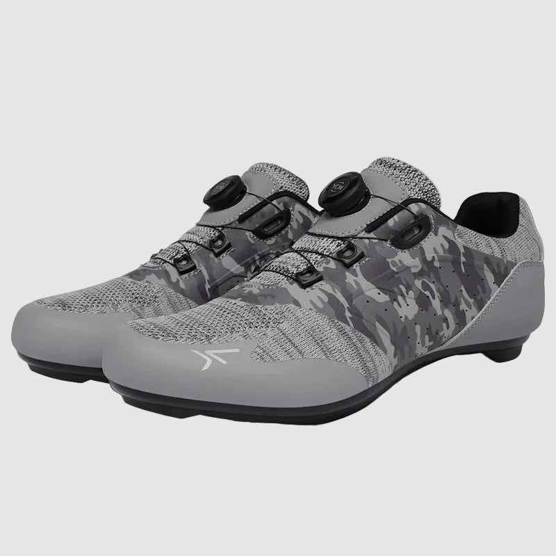 Gray camouflage cycling shoes on a white background
