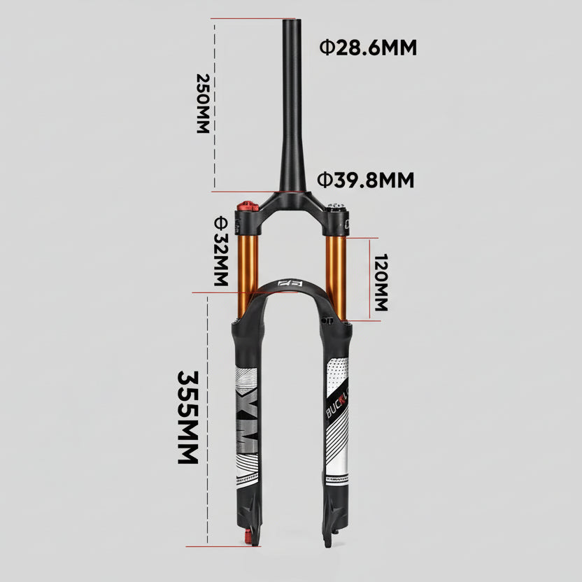 Bicycle fork with dimensions and quick release feature on a white background