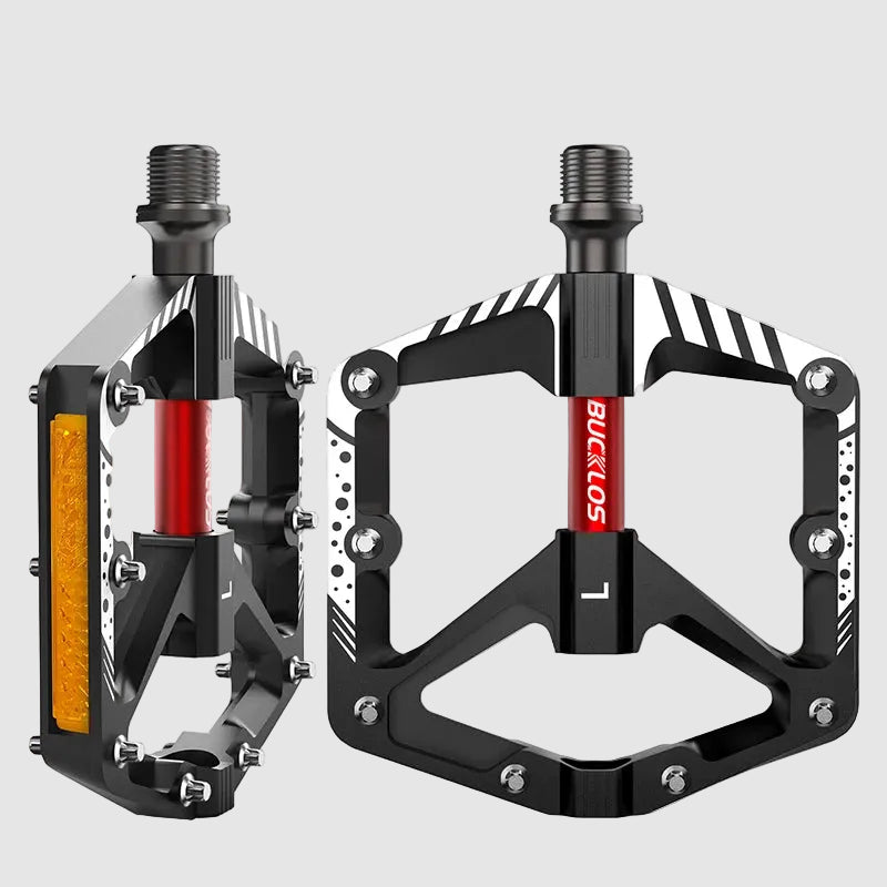 Two bicycle pedals with 'Bucklos' branding on a white background