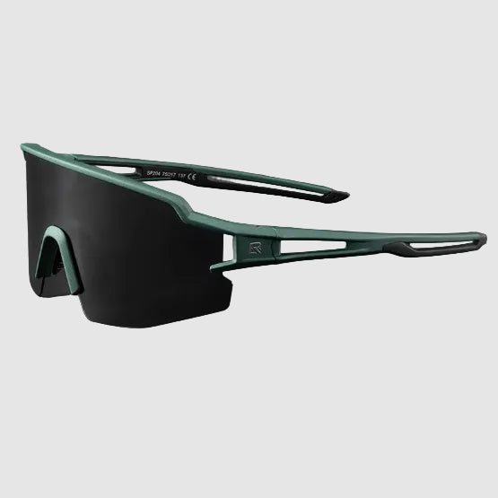 Turquoise green sunglasses with additional accessories on a gray background