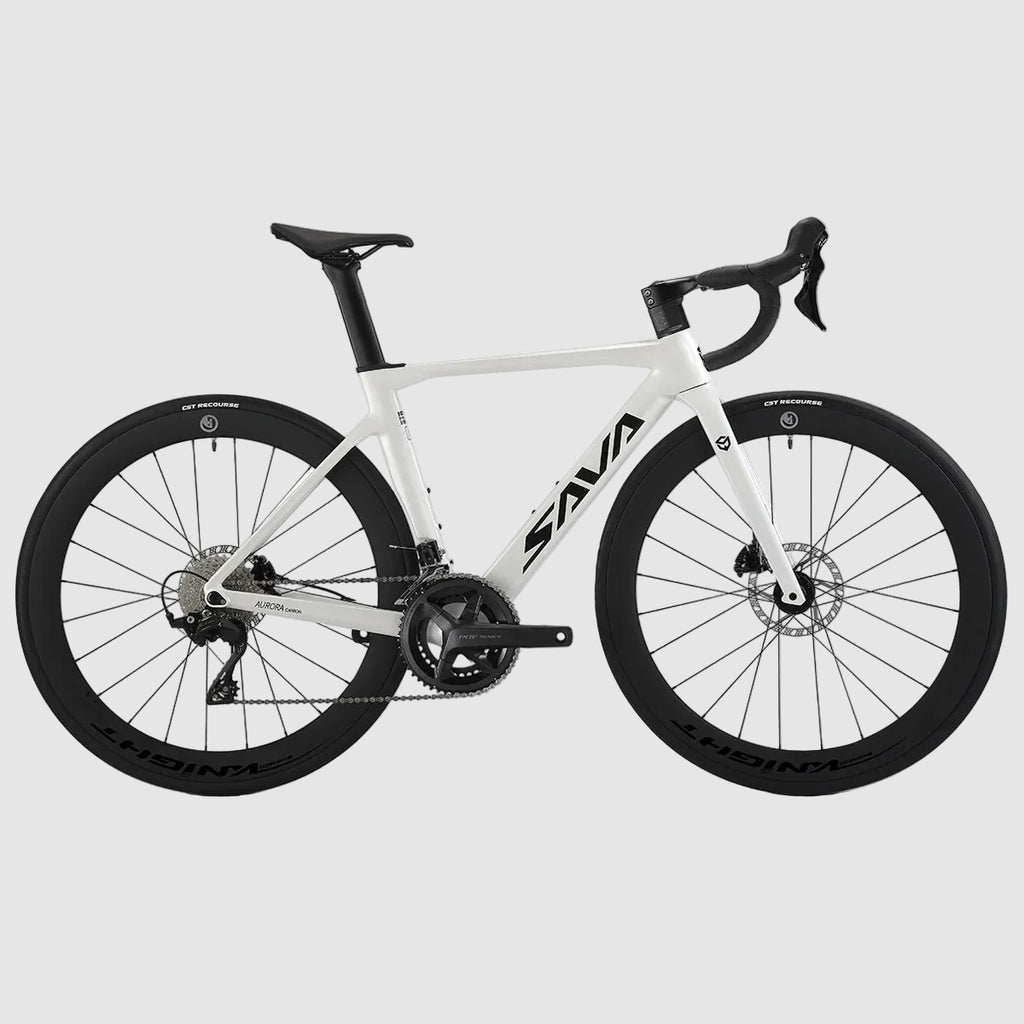 White bicycle with black components on a white background