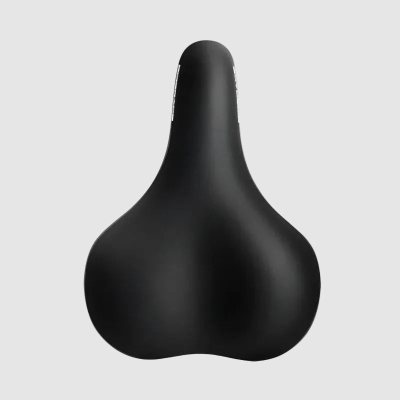 Black bicycle saddle with 'RIDERACE' branding on a white background